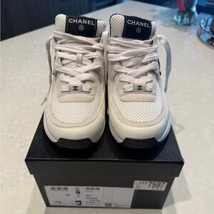 CHANEL White Mesh and Black Label Chunky Sneakers